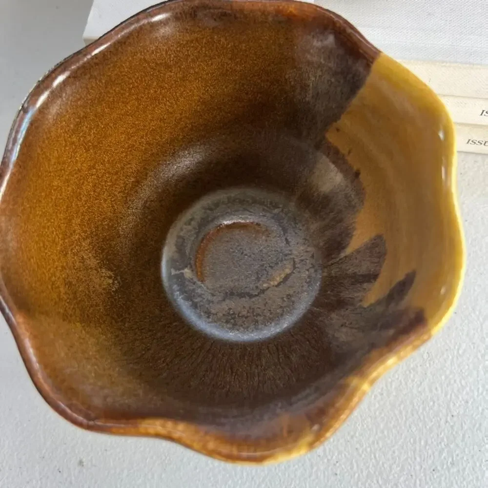 Pat Schweikert Studio Art Pottery Decorative Bowl Stoneware Brown Yellow Drip
